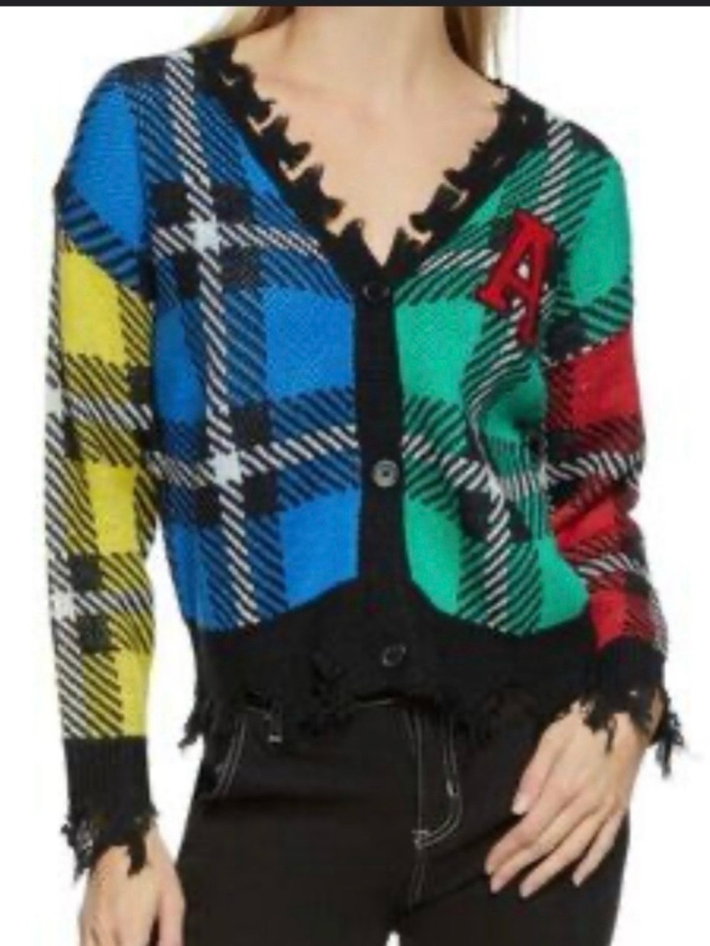 Multi-Color Plaid Varsity Cardigan Jacket with 'A' Patch - Picture 6 of 7